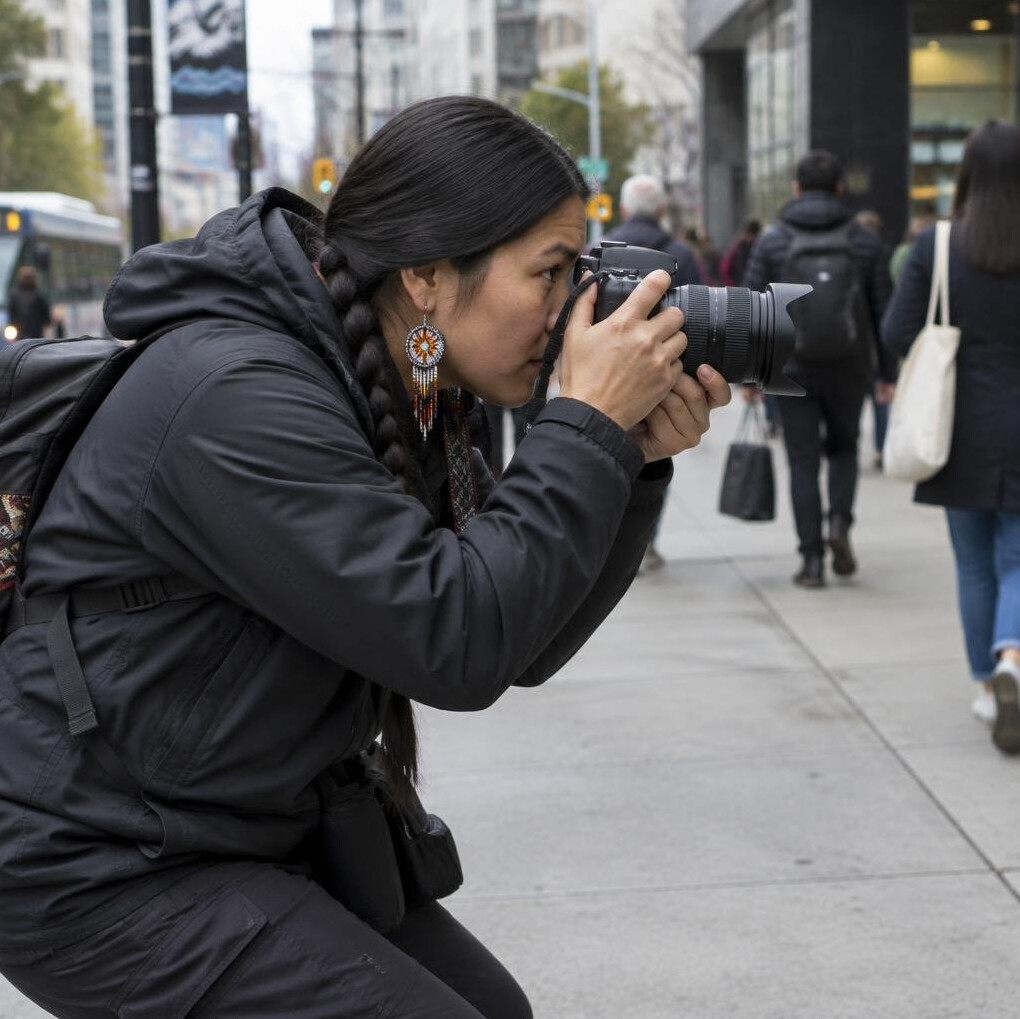 Photographer holding a camera while documenting a street scene