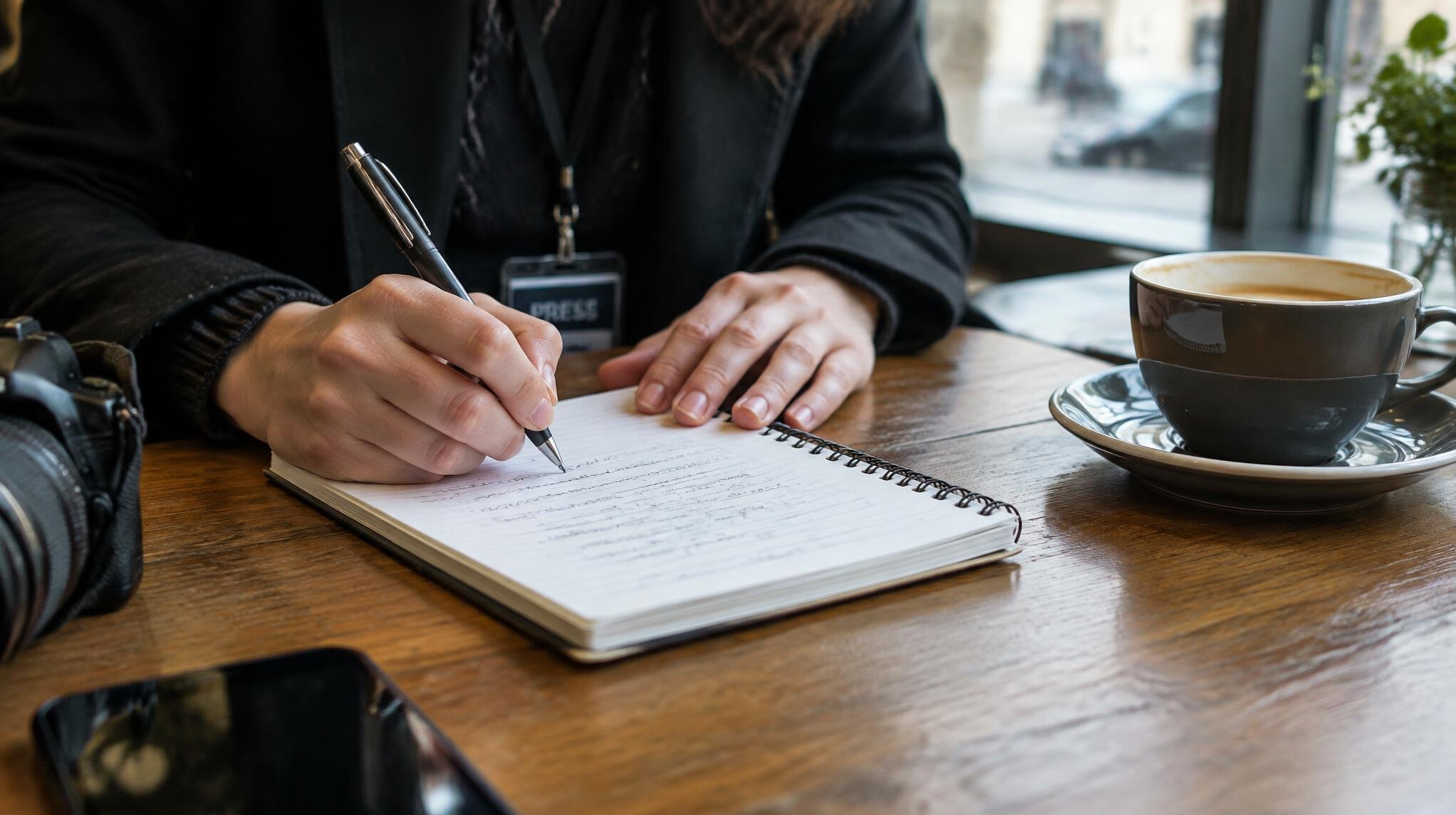 Journalist writing notes in a notebook during an interview