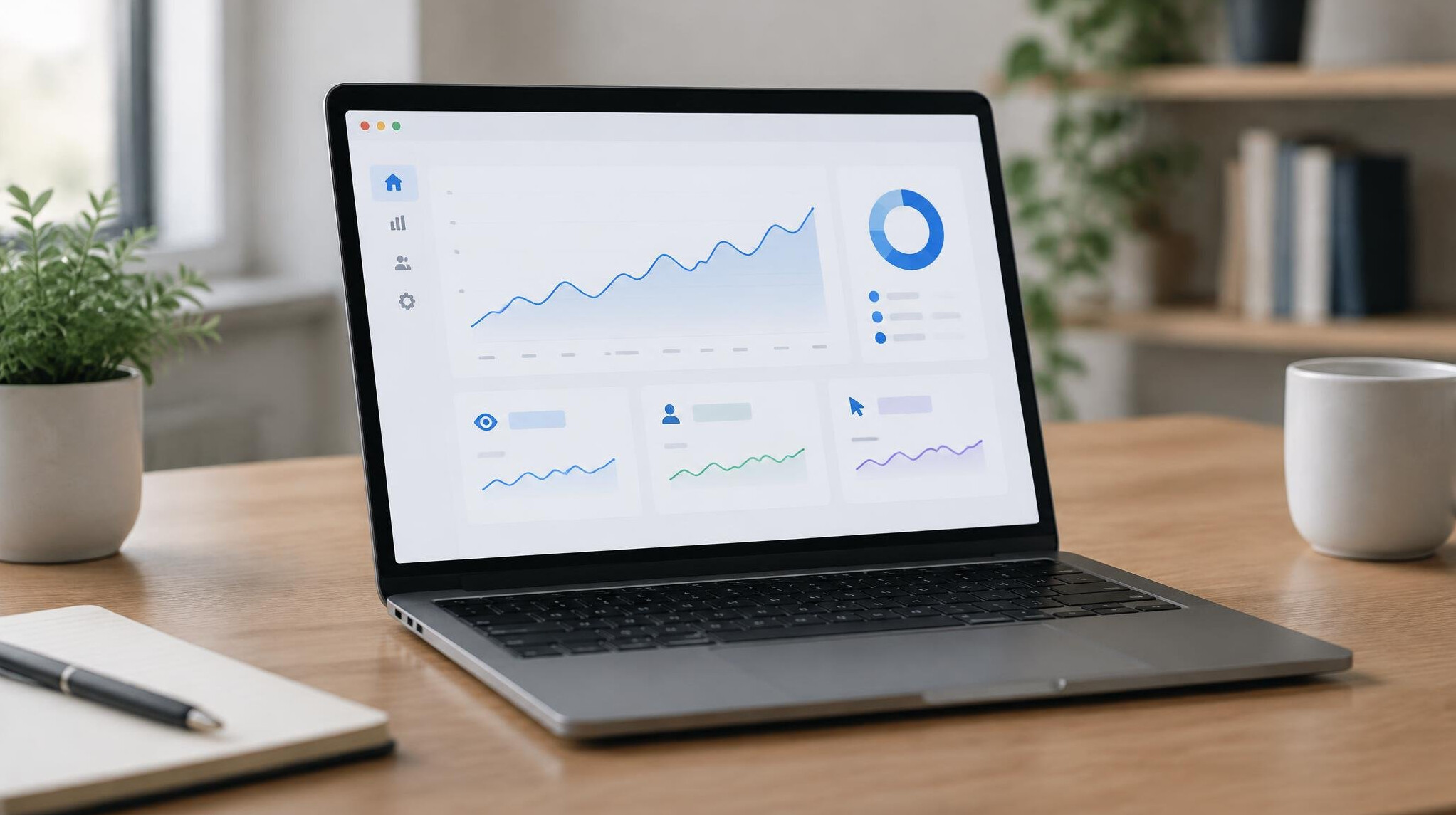 Laptop showing a webpage analytics dashboard on a desk