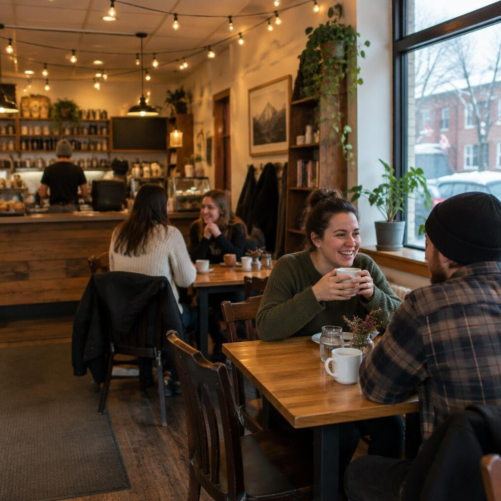 Warm interior of a small independent café with customers