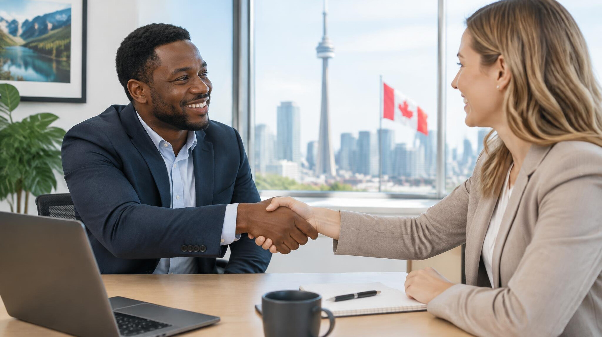 Two colleagues shaking hands in an office setting