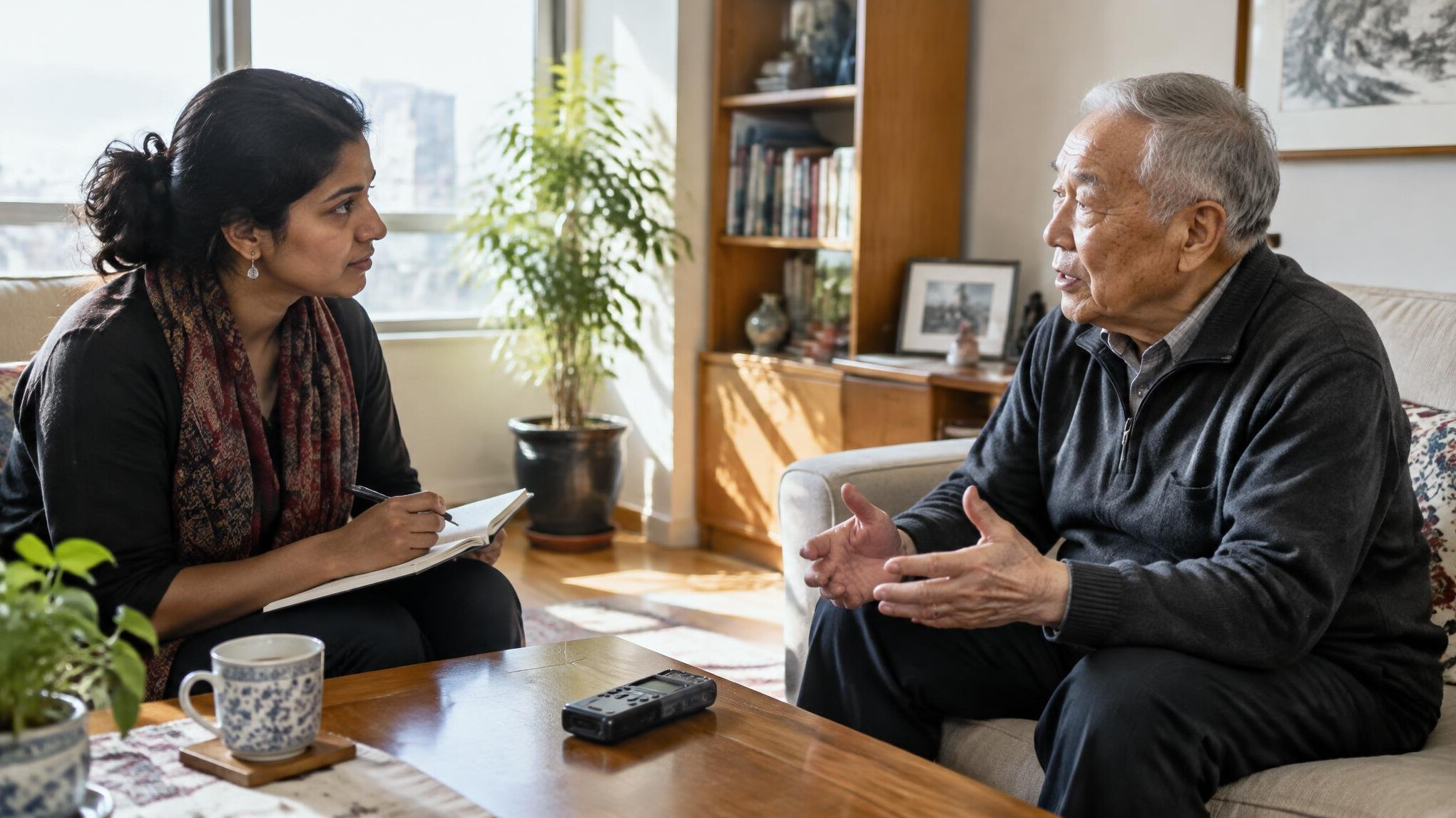 Two people in conversation during a recorded interview