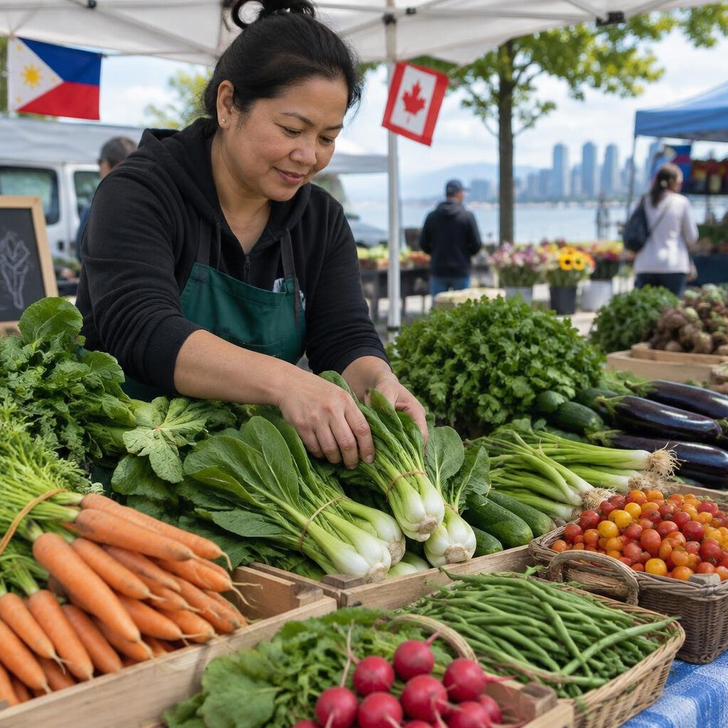 Vendor arranging fresh produce at an outdoor farmers market