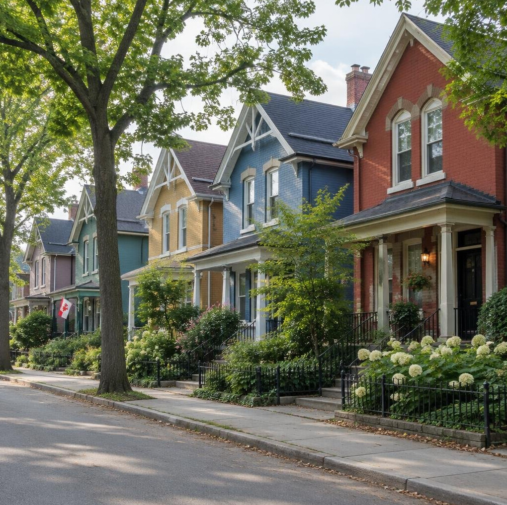 Row of colorful houses along a quiet residential street